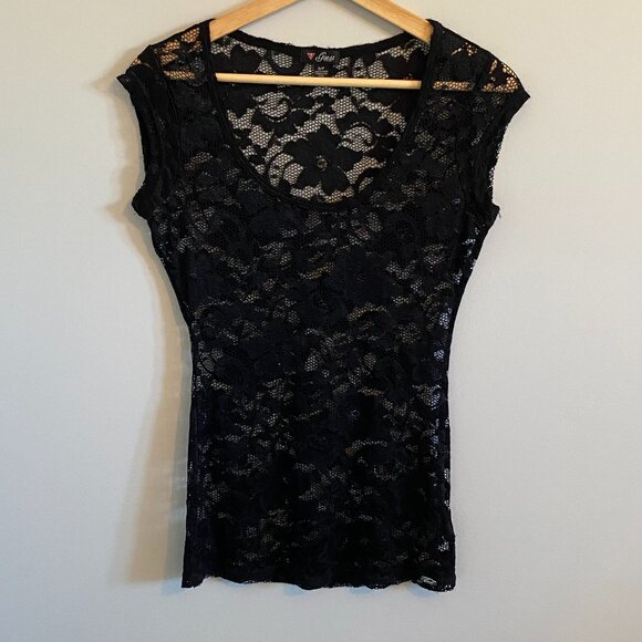 Vintage Guess Y2K Black Lace Cap Sleeve Fitted Top - Picture 1 of 10